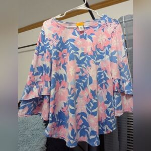 Ruby Rd. Pink and Blue Floral Blouse Stretch